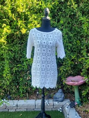 Ivory Crochet Lace Shift Dress Cover Up M